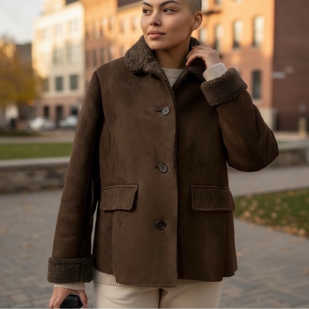 Lands' End Brown Rustic Faux Suede & Shearling Penny Lane Barn Jacket Large - Picture 1 of 8